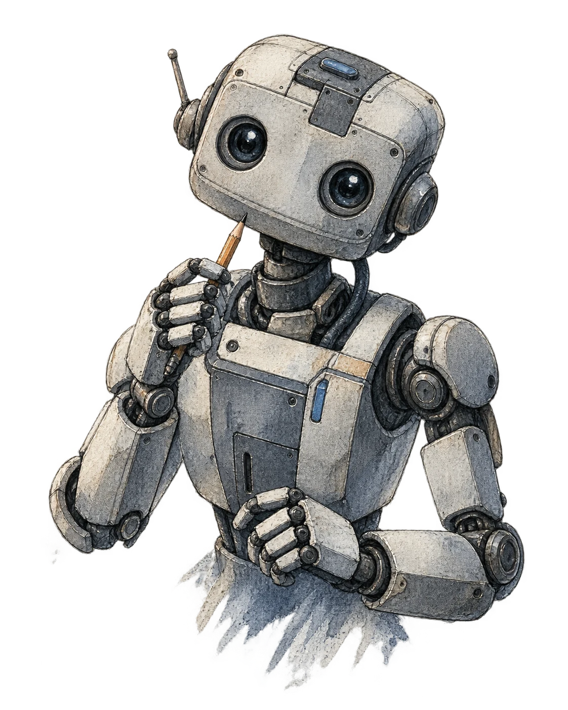 Pencil-and-watercolor illustration of a curious studio robot holding a graphite pencil