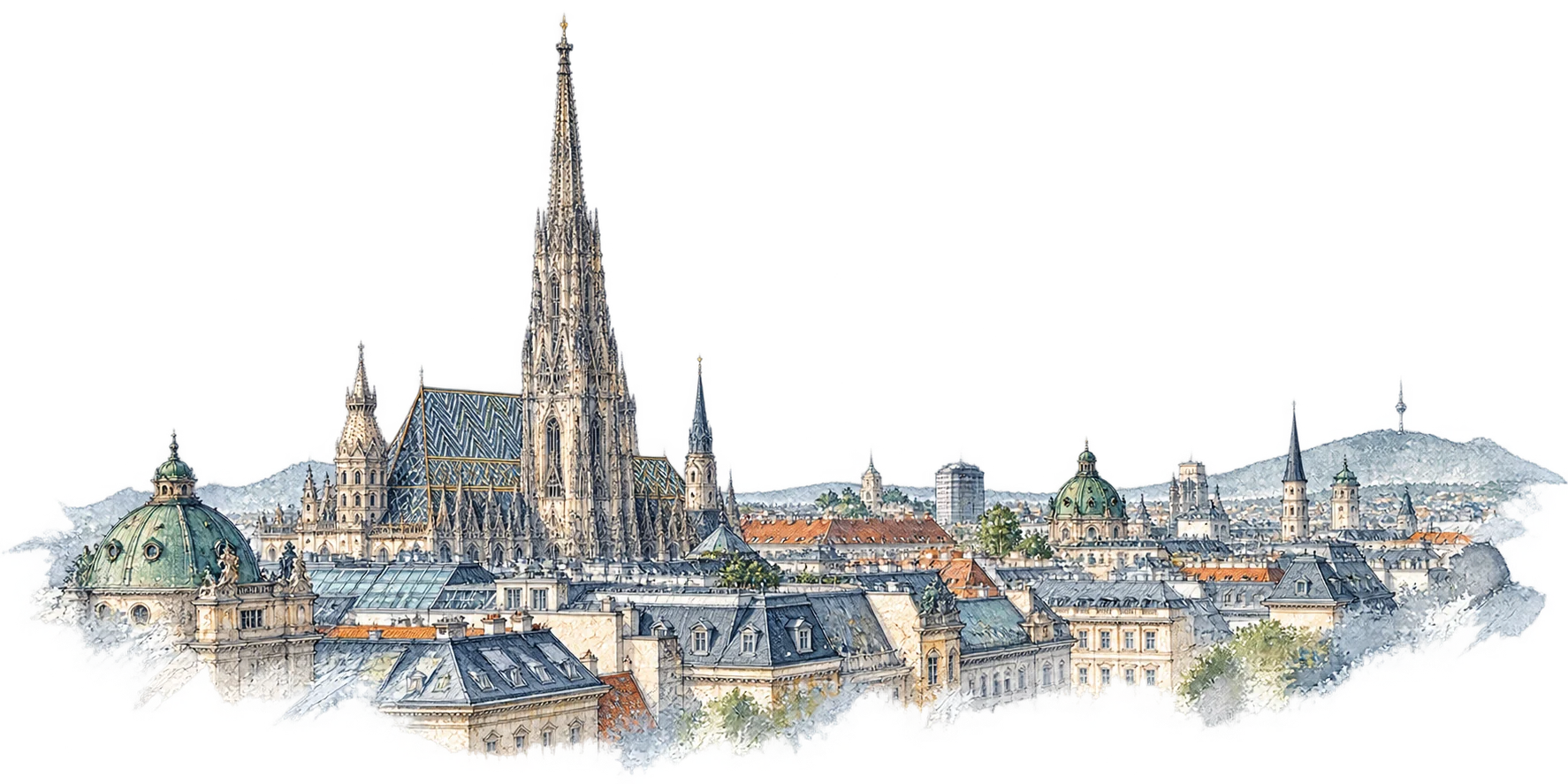 Architectural illustration of Vienna: the Stephansdom spire above layered city rooftops