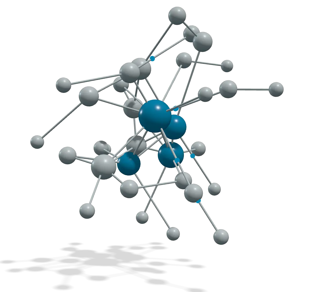 A model of thirty-four connected nodes: four large hubs carry most of the links, and small markers travel the links between them