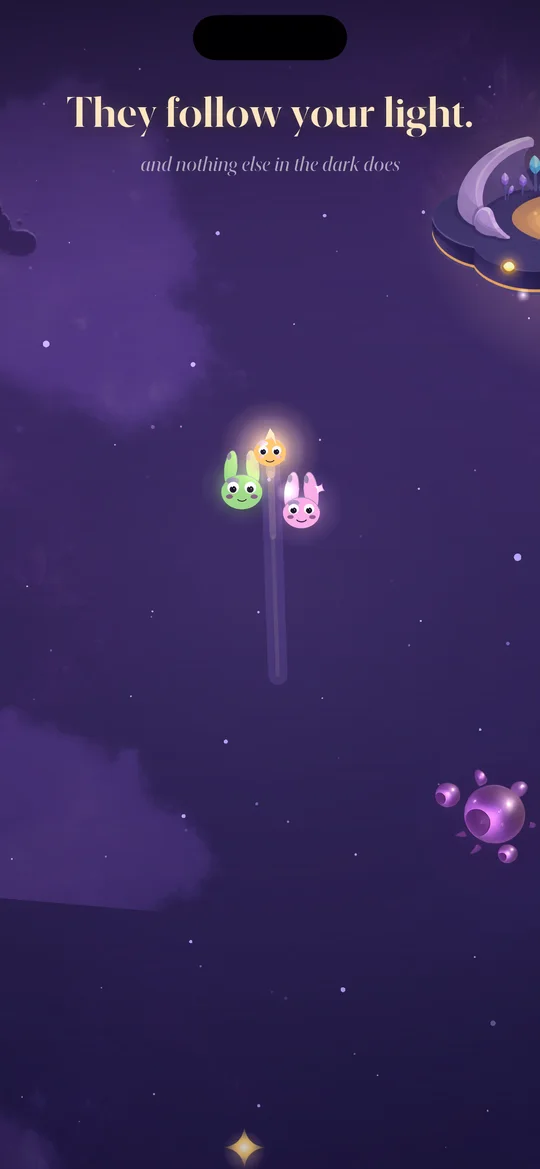 Two small creatures stepping off either side of the trail, following Lumen’s light through the dark.