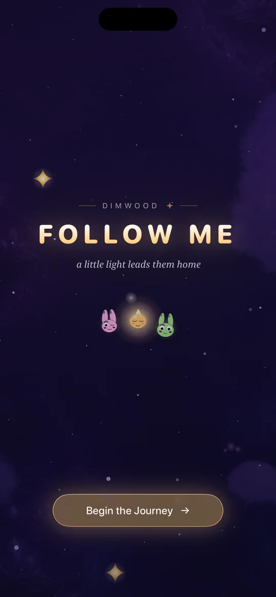 The Dimwood title screen: the FOLLOW ME wordmark over a night sky, with Lumen and two friends below it.